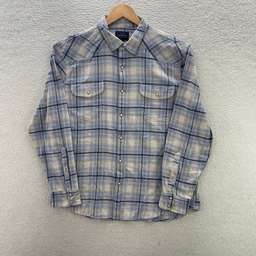 Lucky Brand Shirt Mens XL Blue White Pearl Snap Flannel Yoke Western Cowboy